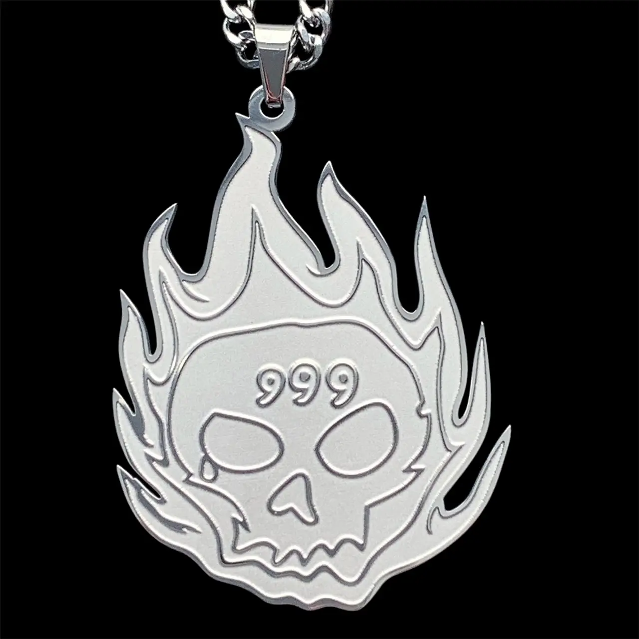 WRLD 999 Skull Necklace - 1.5" Etched Mirror Polished Juice Stainless Steel Pendant with Laser Cut Design & Satin Finish Choice of Chain Free Gift Included