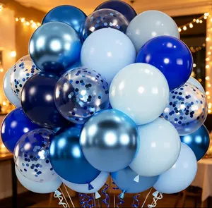 100pcs Blue Balloons - 12inch Metallic Royal Navy & Pearl Blue Balloons with Confetti for Birthday Baby Shower Graduation Party Decorations (with 66ft Ribbons)