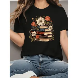 Floral & Book Print Crew Neck T-shirt, Casual Short Sleeve Top For Spring & Summer, Women's Clothing