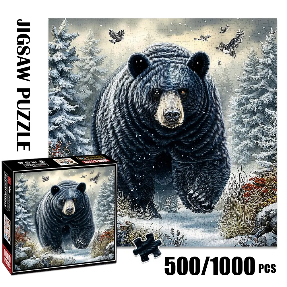 1pc 1000 piece adult puzzle 58x58cm Black Bear in Snow - Covered Forest with Flying Birds 500 pieces paper jigsaw puzzle suitable for DIY creative games for adults and families, birthday and holid