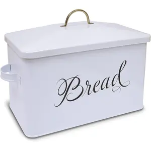 Classic Metal Bread Box with Side Handles, Large Capacity (2 Bread Loaves), Farmhouse Bread Bin for  Countertop, Steel Bread Storage Container with Lid, White