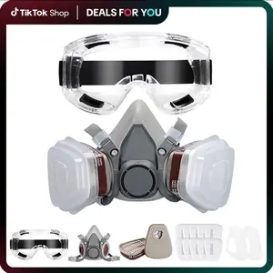 16 in 1 Safety Face Mask Set Dual Respirator Gas Mask with Goggles Professional Chemical Spray Paint Workplace Safety Lightweight Dust Mask with Replaceable Filters -  Knee Pads Tool Neoprene Knee Pads Nitrile Grip Gloves Construction Gear Nitrile Gloves