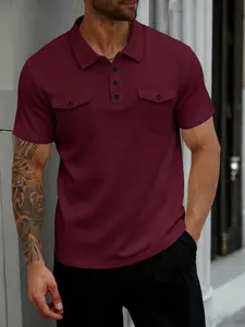 Men's Summer Casual Polo Shirt, Three-Button Placket, Waffle Knit Short Sleeve Top with Pockets, Comfortable and Stylish