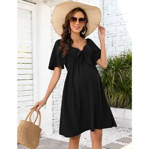 YESFASHION  Women's Knotted V Neck, Knee Length Wrap Dress-Maternity Dresses for Baby Shower: in Various Colors & Sizes, Featuring Short Sleeves, Ideal for Baby Showers, Available in Solid and Floral Patterns.