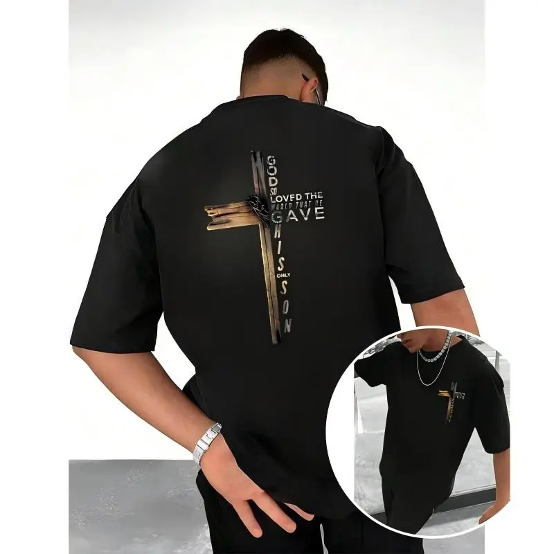 Dynamic Faith-Inspired Tee – God So Loved Graphic with Cross, Ideal for Casual Outings