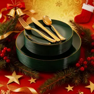 200-Piece Plastic Plate Set, Dinnerware Service Set, 80 Edged Plates & 120 Utensils, Heat Resistant Reusable for Weddings Christmas Halloween Parties