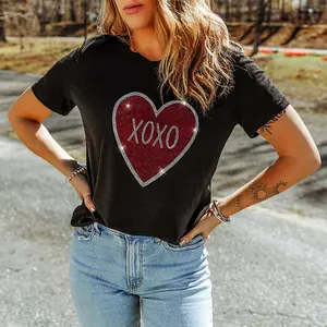 Black Rhinestone XOXO Heart Graphic Crewneck Tee
