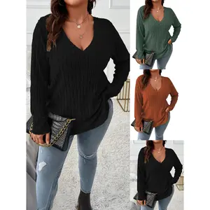【Plus Size】 Solid V Neck Long Sleeve Tee, Casual Basic T-shirt for Fall & Winter, Women's Clothing for Daily Wear