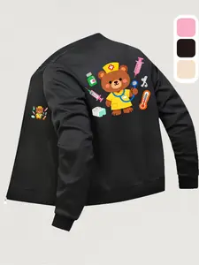Nurse Bear Print Jacket, Fashionable Women's Outerwear, Nurse Theme Pattern and Baseball Collar, Winter Layered Jacket, Ladies Zipper Jacket
