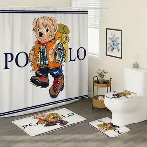 Polo Bear Outdoor Adventure Theme Shower Curtain Set, Blue, Includes Plastic Hooks, Non-Slip Mat, U-Shaped Toilet Pad, Shower Essentials