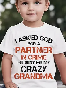 Kids' "I Asked God For A Partner In Crime He Sent Me My Crazy Grandma" Funny Graphic T-Shirt - Short Sleeve Casual Tee for Boys & Girls