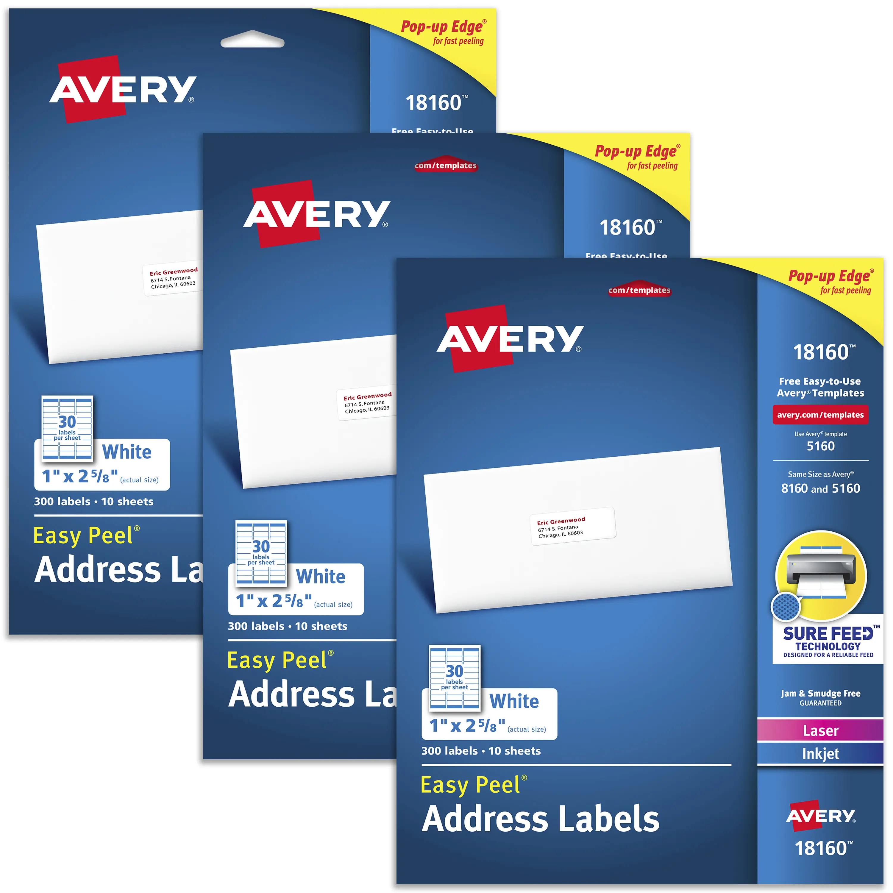 Avery Printable Address Labels for Laser & Inkjet Printers, 3 Packs (300 Labels Per Pack, 900 Total) (18160), Printable Labels