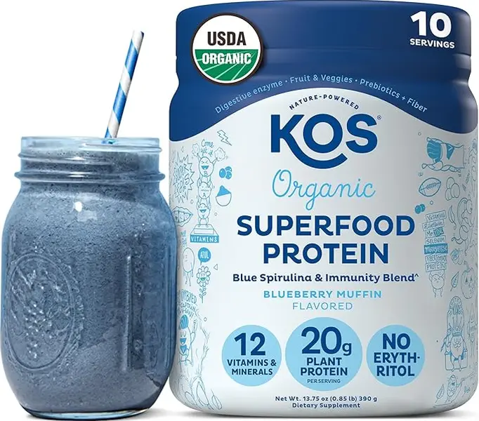 KOS Organic Plant Protein Blueberry Muffin 10 Servings USDA Certified Gluten Free 20g Protein Per Serving Digestive Enzymes for Optimum Absorption