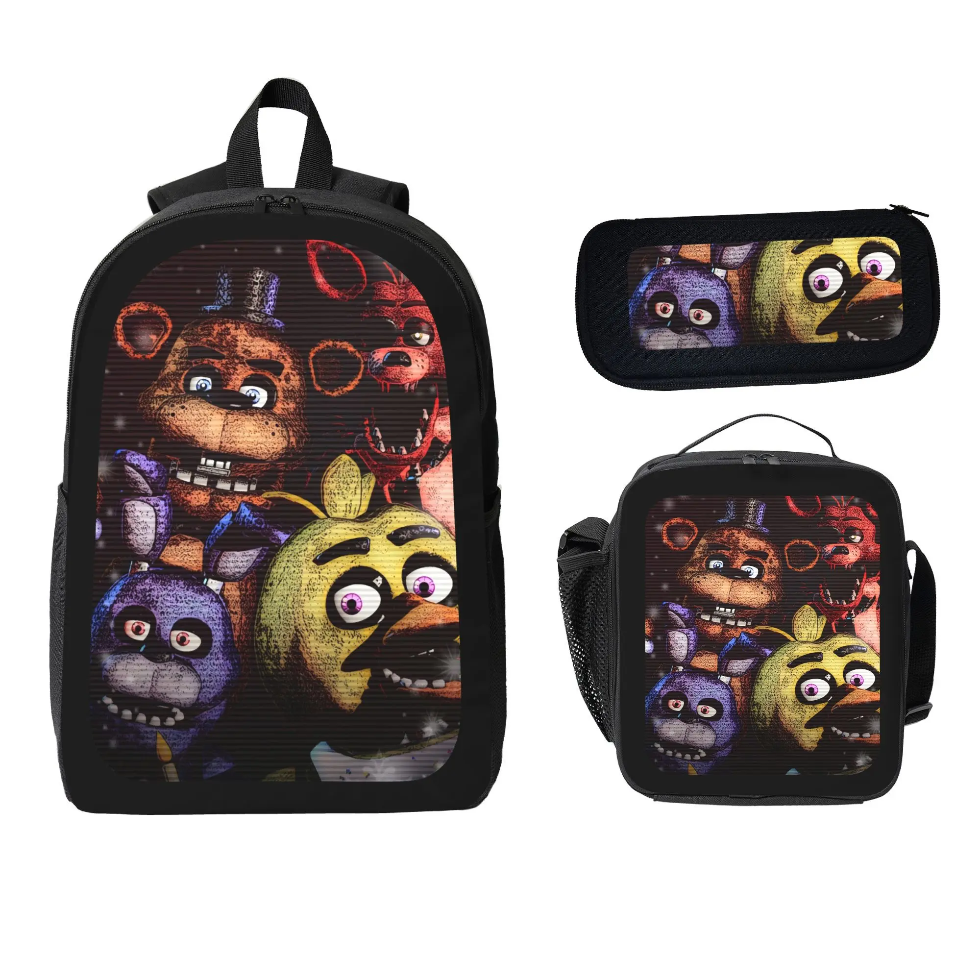 FNAF Inspired 3-Piece School Backpack Set with Character Art, Game Prints, Insulated Lunch Bag & Pencil Case for Teens' School Use (Costumes & Accessories)