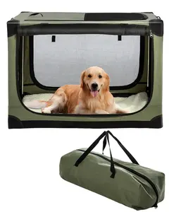 Collapsible Travel Dog Crate, Portable Soft Dog Kennel for Small Medium Pets up to 30 lbs, 4-Door Foldable Travel Crate with Durable Mesh & Storage Bag, Green/grey/black
