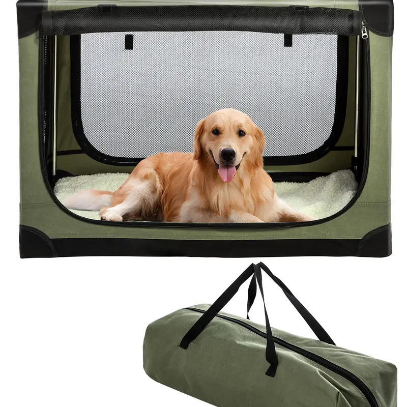 Collapsible Travel Dog Crate, Portable Soft Dog Kennel for Small Medium Pets up to 30 lbs, 4-Door Foldable Travel Crate with Durable Mesh & Storage Bag, Green/grey/black