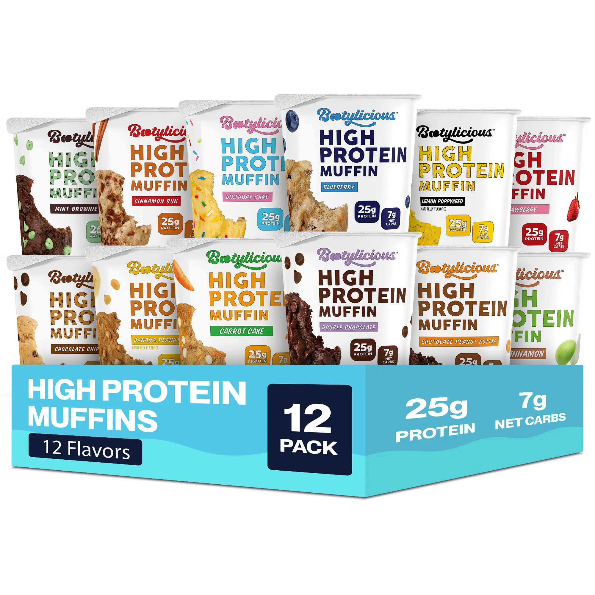 Bootylicious High Protein Muffins 12 Pack 25g Protein Low Calorie Low Sugar Baked Dessert Snack Variety Pack