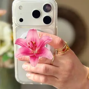 Pink Lily Magsafe Phone Grip: Magnetic Floral Phone and Kindle Holder