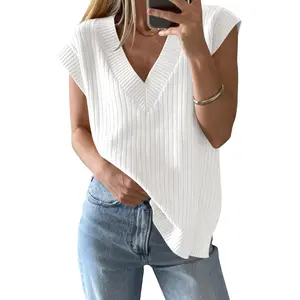 Imily Bela Essentials Womens V Neck Sweater Vest Oversized Ribbed Knit Sleeveless Casual Loose Fit Pullover Tank Top
