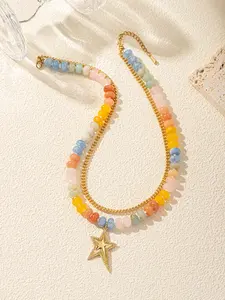 Dopamine Natural Bead Layered Necklace, Summer Beachwear Accessory, Boho Style Baroque Pattern, Perfect for Vacation Season, Boho Style Jewelry