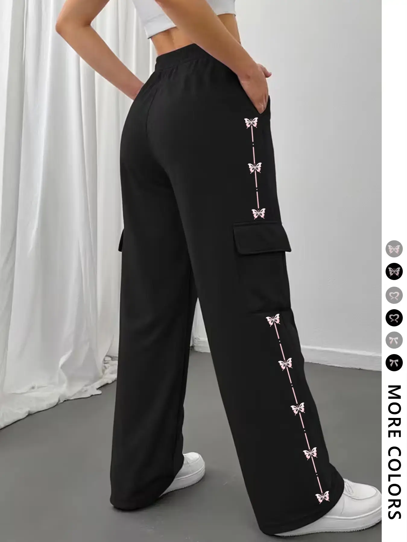 Women's Grey Coquette Sweatpants with Pink Bows, Cute Ribbon Side Detail Wide Leg Cargo Pants, Y2K Soft Girl Aesthetic Loungewear,Grey Cargo Sweatpants with Pockets, Sweet Bow Knot Side Striped Trousers, Loose Fit Casual Joggers for School & Daily
