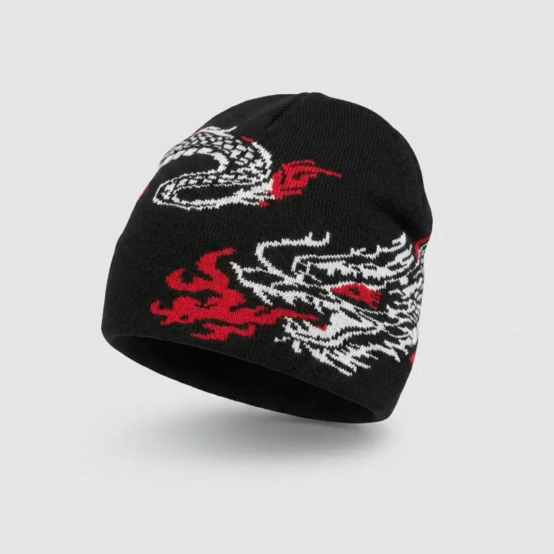 Dragon Design Beanie - Black Knit Hat with Red and White Dragon Pattern for Men and Women