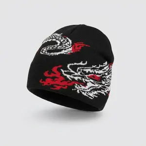 Dragon Design Beanie - Black Knit Hat with Red and White Dragon Pattern for Men and Women