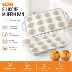 2Pack Silicone Muffin Pan for Baking with Metal Reinforced Frame, 12 Cup Regular Size Cupcake Pan, BPA Free Silicone Muffin Tray, Cupcake Baking Pan Bite Molds for Oven Dishwasher Safe