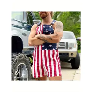 Unisex Red White Blue Jumpsuit - Patriotic American Flag Print Overalls, Independence Day Party Costume, Fourth of July Celebration Outfit, All-Season Wear, Halloween Costume, Parade Outfit, Denim Fabric, Adjustable Straps