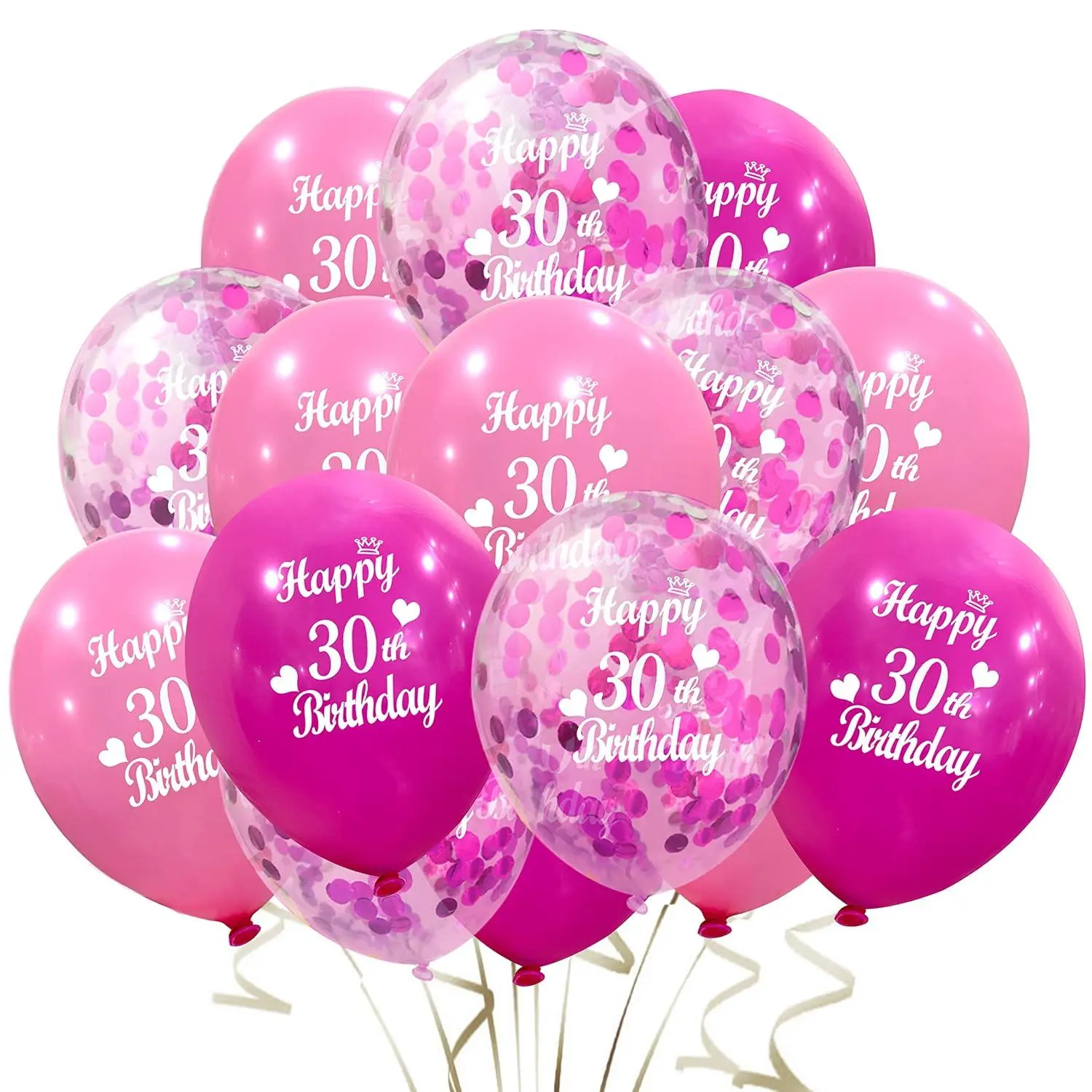Happy 30Th Birthday Balloon (30Pcs 12Inch) Hot Pink And Pink Latex Inflatable Confetti Anniversary Party Helium Balloons Decorations Supplies For 30 Year Old Women,Her,Daughter,Sister