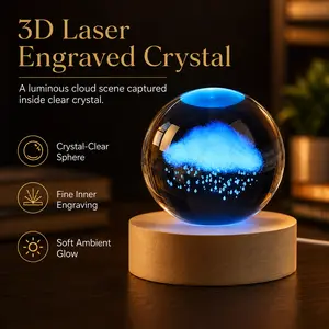 Creative Heart-Shaped White Cloud Ornament, Cloud Cube Crystal Cloud Desk Decoration, Wooden Base with LED Light, Home Decor for Bedrooms, Unique Gift for Birthdays and Christmas, Crystal Glass Ball Birthday Gift for Boyfriends and Girlfriends