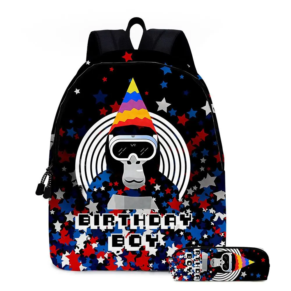 Birthday Gorilla Tag 2PCS Backpack Set, Red Blue Star School Backpack with Matching Pencil Case, Waterproof Daypack for Game Fans Birthday Gift