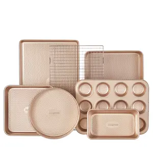 [BF&CM]HONGBAKE 7-Piece Diamond-Texture Bakeware Sets,Non-Stick Baking Sheet Pan Set,Cookie Sheets ,Roasting Pan,Cookware,Gold,Baker Kitchenware Steel
