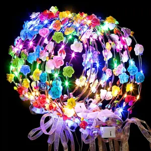 50 count LED Flower Crowns Headbands with Ribbons, Light Up Flower Headband for Women, Glow in the Dark Party Supplies for Wedding Birthday Party