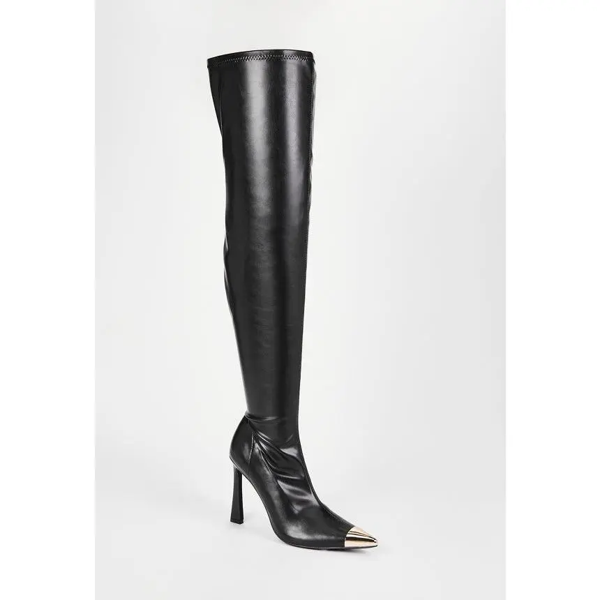 JUST FAB Women's Black Stretch Thigh-High High Heel Booties - 4.25" Stiletto Heel, Gold Toe Cap, Soft Design Shoewear, Statement Shoe, Party, Faux Leather, Heels For Women