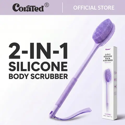 [CORATED Official] 17.5" Silicone Long Handle Shower Back Scrubber - Anti-Slip, Deep Exfoliating, Durable Body Wash Scrubber, Dual-Sided Design, Wet-Lather, Eco-Friendly, Blood Flow Control, Smooth Skin Care Bath Accessory for All Ages