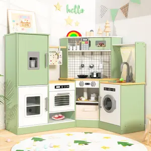 Seeutek Wooden Play Kitchen Set for Kids w/Lights & Sounds, Pretend Play Kitchen Playset with Stove, Microwave, Ice Maker & Accessories for Boys and Girls Birthday Gift Christmas Gift