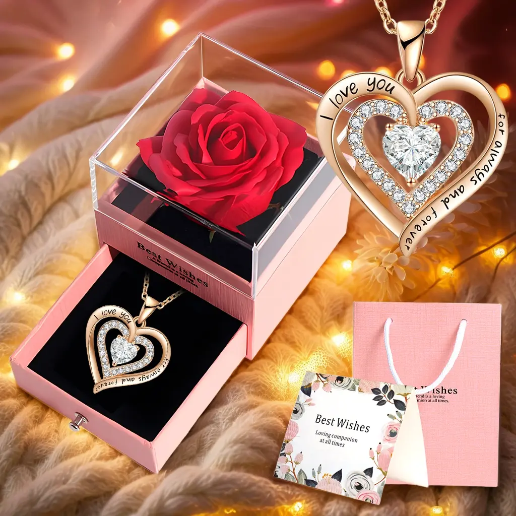 Artificial Rose Gift Box with Heart Alloy Necklace, Charms Necklace, Birthday Gift Jewelry, Heart Design Jewelry Perfect for Wife Lover Friend Anniversary Christmas Valentine's Day Gifts