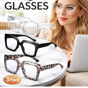 Oversized Blue Light Glasses 3 Pcs – Thick Square Frame Computer Eyewear for Women, Non-Prescription Blue Blocker Glasses for TV, Phone, Screen