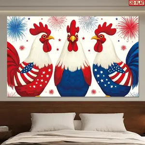 2D Flat Banner, 1pc July 4th Patriotic Backdrop - Three Colorful Roosters with American Flag Pattern, White Background with Red, White, and Blue Fireworks, High- Quality for Indoor/Outdoor Decoration, for Indepe