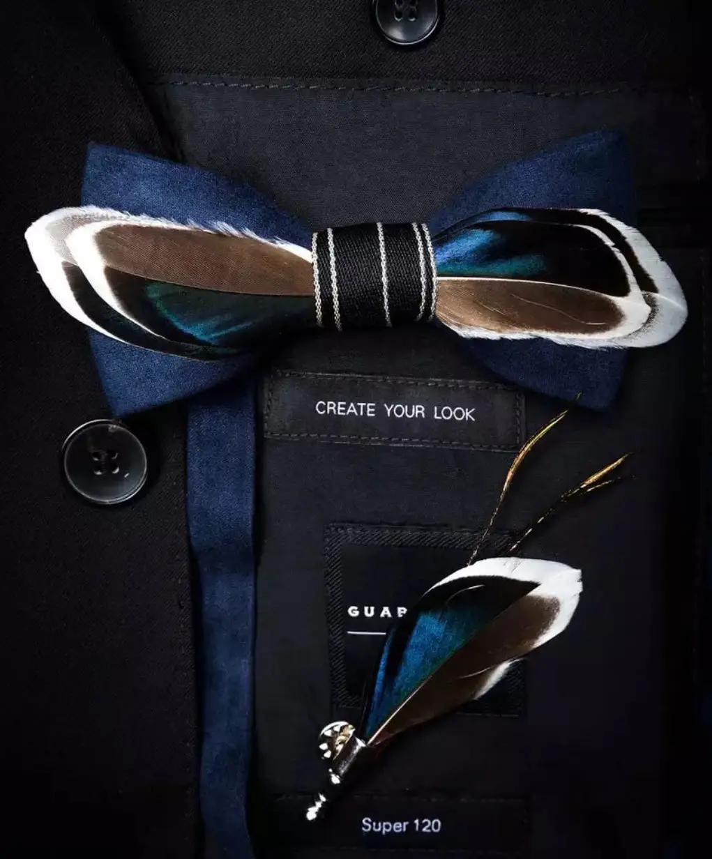 Feather Bow Tie With Lapel Pin
