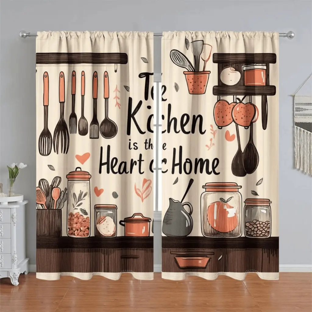 2Pcs Kitchen Utensils Printed Curtains for Living Room, Cartoon Style Semi Sunshade Window Panels, "Kitchen is Heart Home" Decor Bedroom, Balcony, Study, Home Decoration, Home Textile, Anti Privacy Accessory