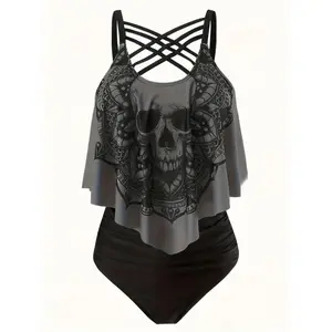 Plus Size Tankini Set with Female Skull Print Halloween Two-piece Swimsuit Beach Outfi