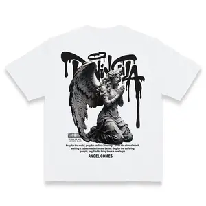 Men's Y2K Angel & Prayer Graphic T-Shirt Casual Streetwear Bold Black Letter Print Medium Stretch Crew Neck Regular Fit Summer Daily Wear Classic Cotton Menswear Tops