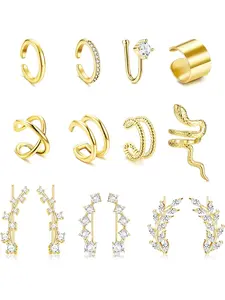 14 Pieces Ear Cuff Earrings Leaf Climber Cubic Zirconia Stud for Women Helix Cartilage Clip on Wrap Earrings Stud Earrings Adjustable Ear Cuff Earrings Set