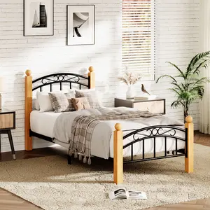 Black and Natural Full Size Industrial Metal Platform Bed Frame with Headboard, Strong Slats Support, No Box Spring Needed, Easy Assembly