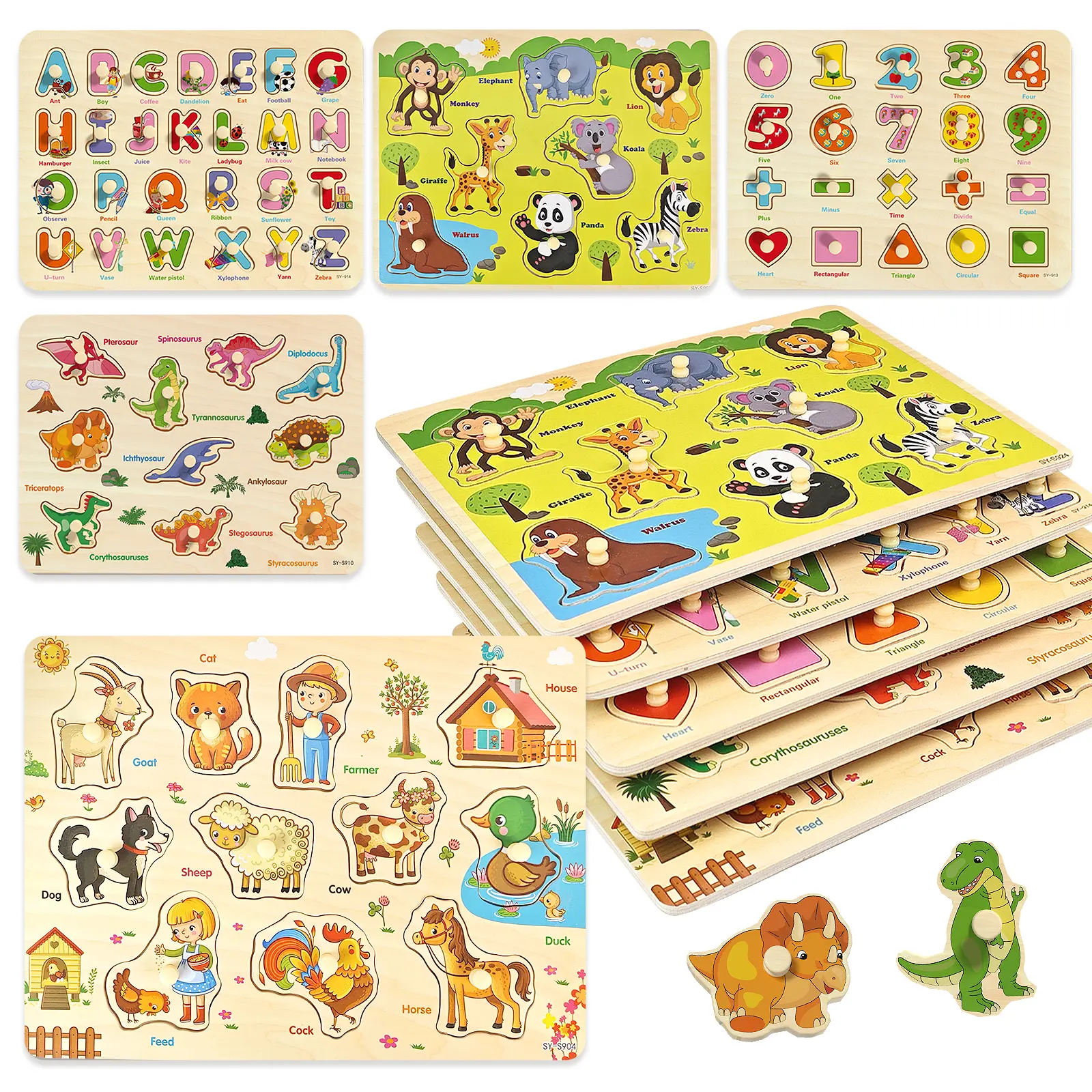 edutree 5pcs Wooden Peg Puzzles for Toddlers 1 2 3 4, 6 Pack Educational Peg Puzzles Montessori Toys, Learning Puzzles for Kids Girs Boys with Alphabet Number Animal Vehicle Shape, Halloween gift, Mother's Day