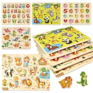 edutree 5pcs Wooden Peg Puzzles for Toddlers 1 2 3 4, 6 Pack Educational Peg Puzzles Montessori Toys, Learning Puzzles for Kids Girs Boys with Alphabet Number Animal Vehicle Shape, Halloween gift