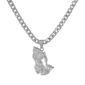 Men’s Praying Hands Pendant Necklace – 5mm Cuban or 4mm Rope Chain, Silver Tone