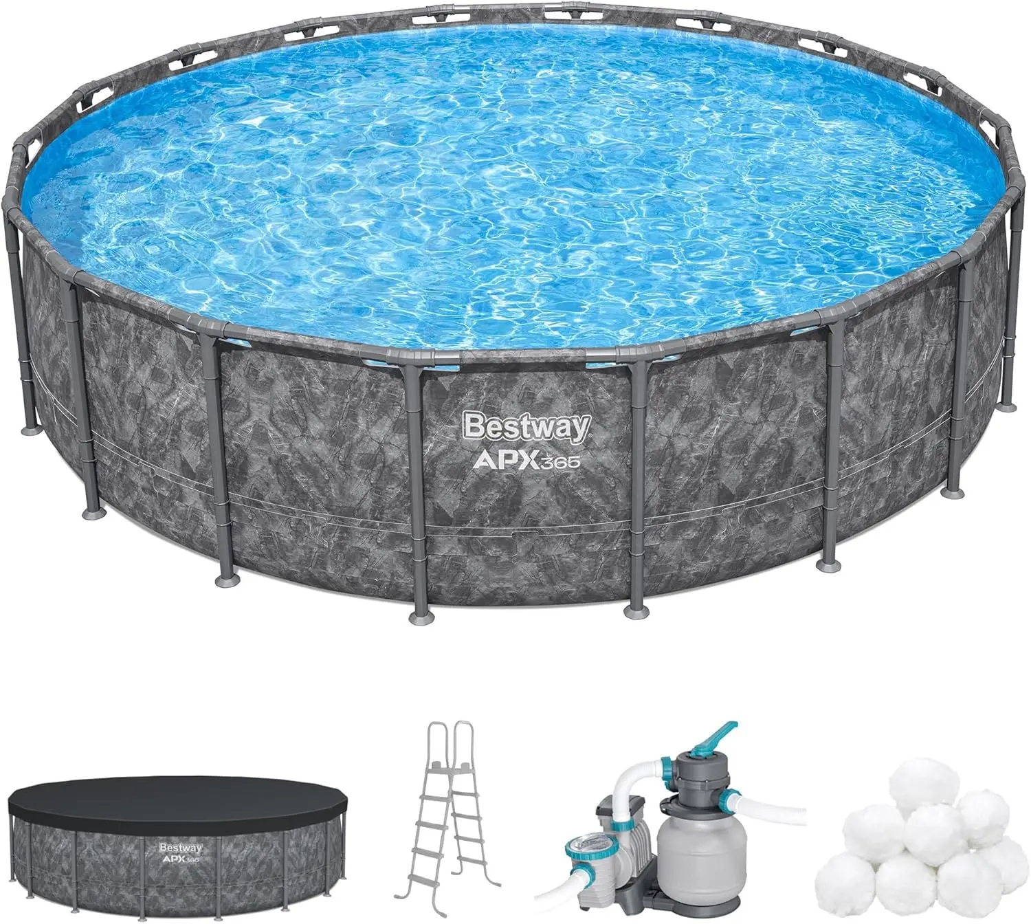 URGEWBestway APX 365 18' x 52" Above Ground Pool, Round Metal Frame Outdoor Swimming Pool Set with Sand Filter Pump, Ladder, and Cover, Dark Marble